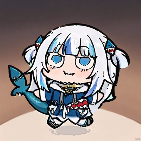 B-style,style-parody,chibi,full_body,(masterpiece),(best quality),1girl, gawr gura, virtual youtuber, tail, fish tail, shark tail, solo, blue eyes, multicolored hair, grey hair, full body, blue hair, streaked hair, bangs, hair ornament, shark hair ornament, two side up, white background, hood, blunt bangs, shark girl, hoodie, simple background, blue hoodie