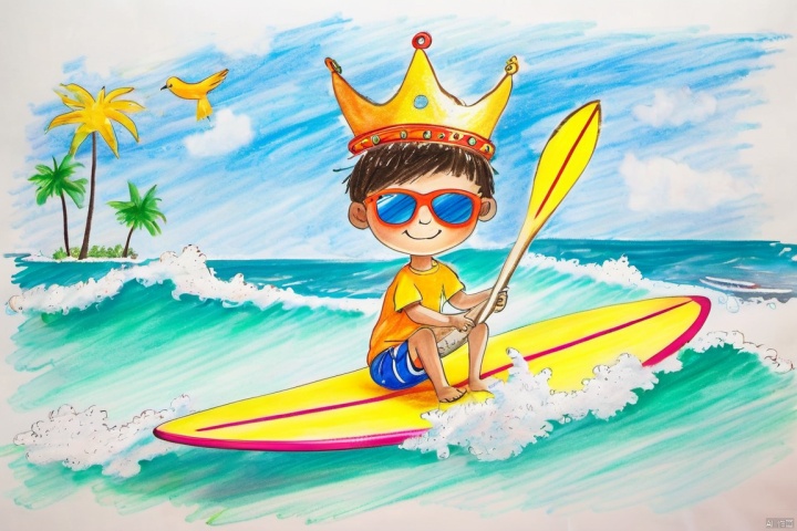 children-drawing,colorful drawing,
(surfing),1boy,(wearing a crown:1.2), bird, cloud, sky, sunglasses, palm, coconut, holding the coconut, smile, close eyes, colorful crown, beak, sea wave, (surfboard:1.2), 