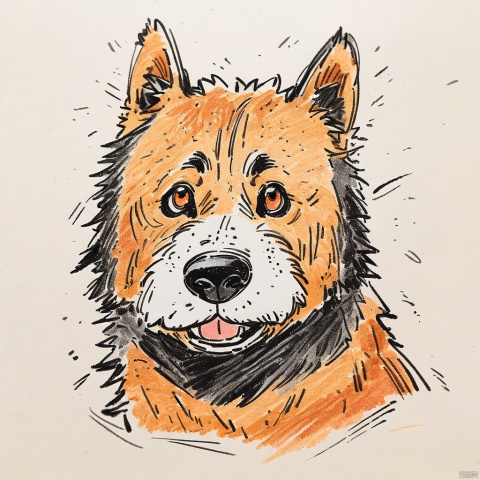 colored_pencil_drawing, masterpiece, best quality, Hand-drawn sketch, animal illustration, dog, wire-haired terrier, black and tan fur, pencil crayon texture, expressive eyes, canine portrait, sketchy lines, headshot of dog, visible fur details, art, mixed media, white background, amateur artwork.