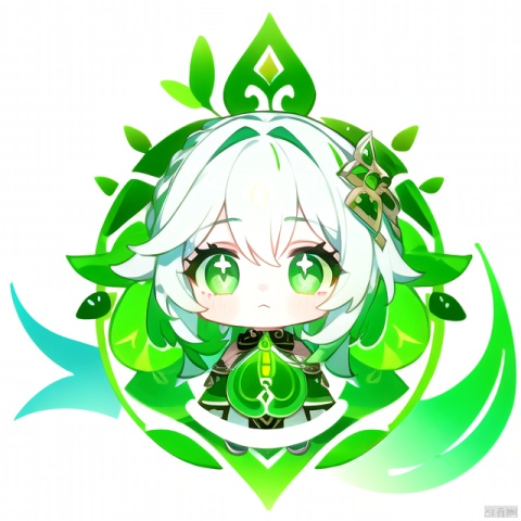 (logo),(beautiful detailed eyes), green_eyes,+_+,white_and_green_hair,
white_background,nahida (genshin impact),