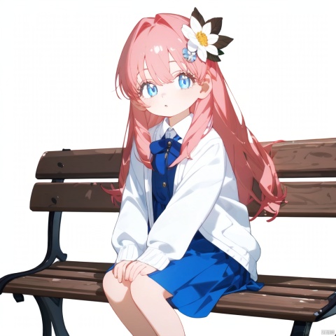  (bset quality, masterpiece), 1girl, solo, long hair, looking at viewer, bangs, blue eyes, skirt, simple background, hair ornament, long sleeves, white background, hair between eyes, jacket, flower, parted lips, hair flower, feet out of frame, squatting, white flower, bench, anya,
