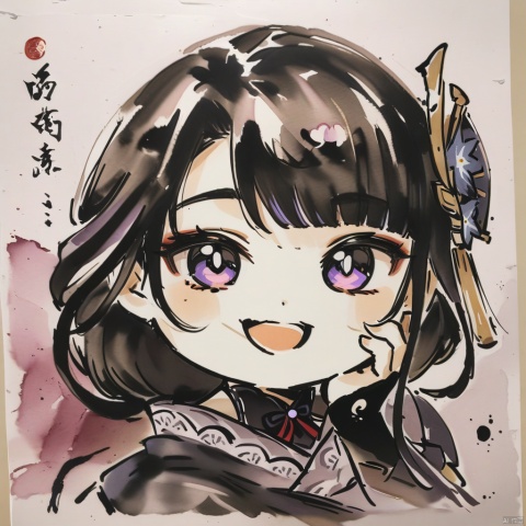  (ink-style,ink_wash_painting), (masterpiece),(best quality), chibi,hold cheek with hand,1girl, solo, long hair, looking at viewer, smile, open mouth, bangs, hair ornament, purple eyes, purple hair, :d, chibi, meme, raiden shogun,