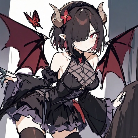 (masterpiece),(best quality), (masterpiece),(best quality), 1girl, wings, butterfly, thighhighs, horns, solo, bug, black hair, detached sleeves, red eyes, looking at viewer, demon wings, hair over one eye, dress, lolita fashion, gothic lolita, breasts, flower, demon horns, black thighhighs, gothic, hair ornament, claw ring, medium breasts, short hair, demon girl, long sleeves, black dress, sketch-style,