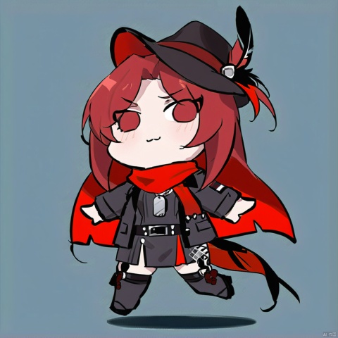  1girl, solo,red hair, black hat, hat feather, red scarf, black jacket, dog_tags,
,style_parody,chibi,full_body, style-parody