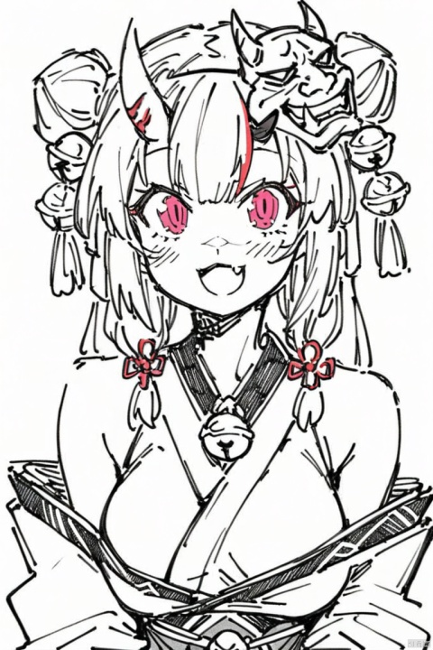  line-drawing-style,monochrome, greyscale,(best quality),(masterpiece),1girl, solo, bell, hair bell, virtual youtuber, nakiri ayame, long hair, horns, red eyes, hair ornament, double bun, hair bun, smile, mask, white hair, oni horns, oni mask, upper body, multicolored hair, blush, white background, open mouth, jingle bell, japanese clothes, mask on head, red hair, bare shoulders, kimono, simple background, streaked hair, holding, off shoulder, bangs, :d, tassel, oni, breasts, fang