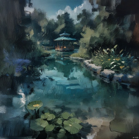  oil_painting, oil-painting-style, A wetland park,with aquatic plants,water surface,water surfaceshidi,HDR,UHD,8K,best quality,masterpiece,Highly detailed,Studio lighting,sharp focus,physically-based rendering,extreme detail description,