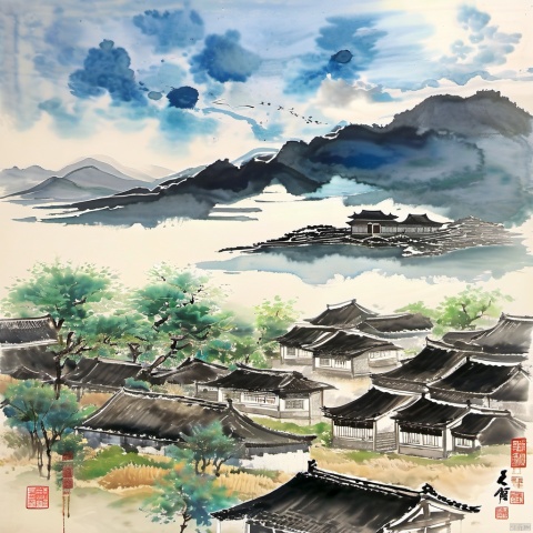 ink-painting, chinese ink and wash, no humans, scenery, outdoors, tree, sky, cloud, mountain, traditional media, day, house, grass, nature, east asian architecture, water, building, power lines, blue sky, architecture