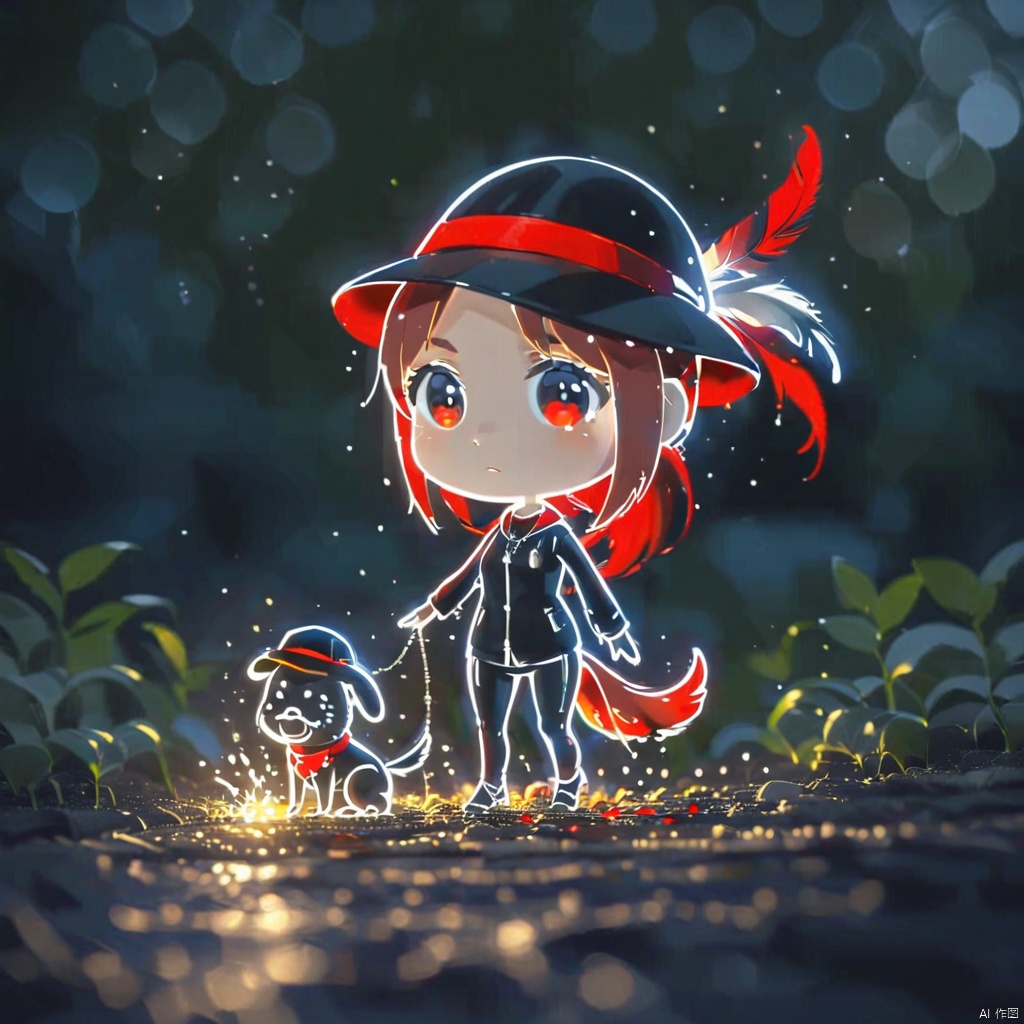  1girl, solo,red hair, black hat, hat feather, red scarf, black jacket, dog_tags,line-art,chibi,lineart,chibi,