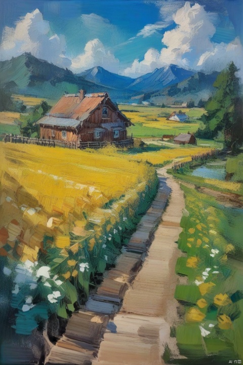 oil_painting, oil-painting-style, The image depicts a peaceful rural scene, There's a wooden house on the right side, surrounded by lush green fields dotted with yellow flowers, A wooden fence runs along the field, and a pathway leads to the house, In the background, there are clouds in the sky and a mountain in the distance, The art style appears to be impressionist, characterized by soft brushstrokes and a focus on the interplay of light and shadow,