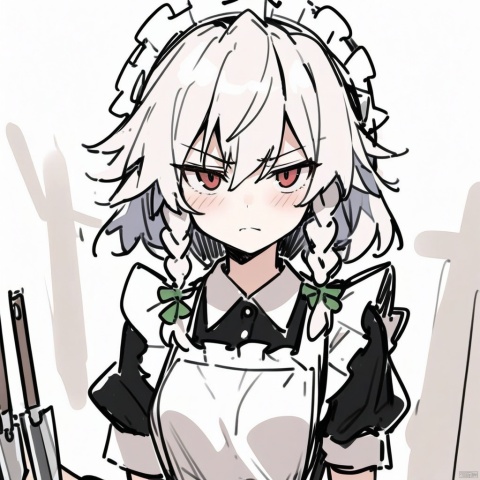 (sketch-style), (masterpiece),(best quality), 1girl, izayoi sakuya, touhou, solo, maid headdress, maid, apron, short sleeves, dress, closed mouth, white apron, looking at viewer, maid apron, puffy short sleeves, frills, puffy sleeves, black dress, frilled apron, hair between eyes, outdoors, blush, throwing knives, knives, serious face, upper body, masterpiece, best quality, very aesthetic, absurdres