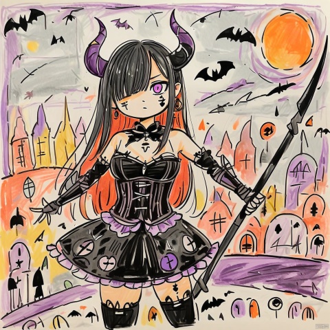 colored-pencil-style, colored_pencil_drawing, masterpiece, best quality, 1girl, solo, scythe, tattoo, holding, thighhighs, chain, purple eyes, holding weapon, holding scythe, looking at viewer, earrings, moon, weapon, breasts, armor, gauntlets, jewelry, bat \(animal\), bare shoulders, corset, black hair, gothic lolita, cowboy shot, dress, hair between eyes, sleeveless, facial tattoo, frills, black thighhighs, medium breasts, bangs, skirt, hair over one eye, lolita fashion, closed mouth, horns, facial mark, night, boots