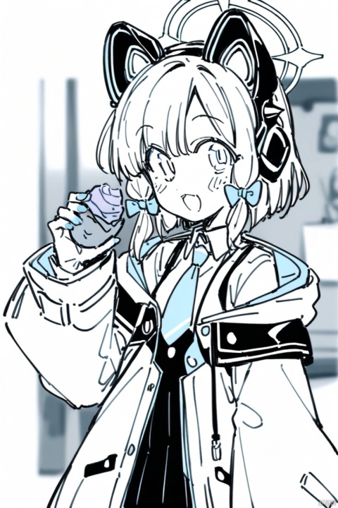  line-drawing-style,monochrome,full shot, greyscale,(best quality),(masterpiece),1girl, midori \(blue archive\), blue archive, aiamu iamu, holding food, holding, hooded jacket, food, sidelocks, :d, collared shirt, blurry, long sleeves, puffy sleeves, headphones, blue bow, hand up, necktie, upper body, halo, looking at viewer, jacket, sleeves past wrists, blush, nail polish, blue necktie, animal ear headphones, blurry background, blonde hair, shirt, green eyes, hood down, open clothes, depth of field, hood, smile, white jacket, fake animal ears, bow, puffy long sleeves, open jacket, solo, dress shirt, animal ears, white shirt, blue nails, hair bow, long hair, drawstring, sweet potato,