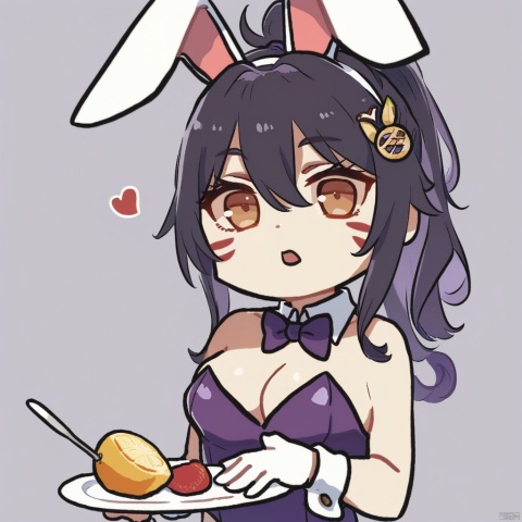 chibi, score_9_up,score_8_up,1girl,breasts,solo,animal ears,large breasts,gloves,cleavage,playboy bunny,rabbit ears,long hair,holding,white gloves,leotard,brown eyes,looking at viewer,fishnets,bowtie,bow,food,fake animal ears,multicolored hair,bare shoulders,fishnet pantyhose,black hair,white background,cup,ponytail,purple hair,open mouth,detached collar,facial mark,pantyhose,simple background,hair ornament,strapless,lemon slice,heart,bangs,purple bowtie,fruit,strapless leotard,plate,purple leotard,wrist cuffs,:o,hair between eyes,orange slice,drinking glass,spoon,holding plate,purple bow,upper body,