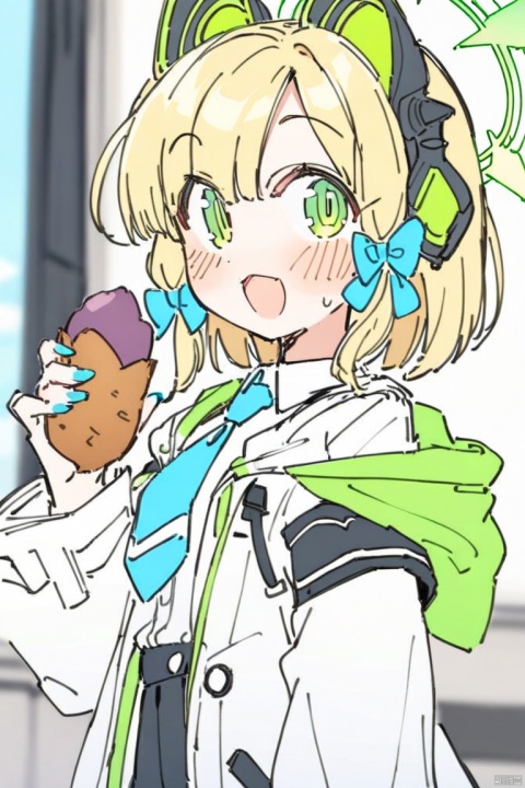  line-drawing-style,masterpiece,best quality, 1girl,
midori \(blue archive\), blue archive,
aiamu iamu,
holding food, holding, hooded jacket, food, sidelocks, :d, collared shirt, blurry, long sleeves, puffy sleeves, headphones, blue bow, hand up, necktie, upper body, halo, looking at viewer, jacket, sleeves past wrists, blush, nail polish, blue necktie, animal ear headphones, blurry background, blonde hair, shirt, green eyes, hood down, open clothes, depth of field, hood, smile, white jacket, fake animal ears, bow, puffy long sleeves, open jacket, solo, dress shirt, animal ears, white shirt, blue nails, hair bow, long hair, drawstring, sweet potato,