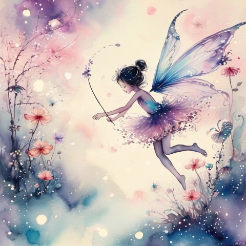 traditional eastern ink-painting of a cute magical fairy with delicate wings in an enchanted wonderland, beautiful whimsical fantasy art concept, detailed background, glowing particles, intricate details, ultra sharp, ink wash 