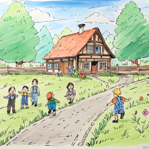  colored_pencil_drawing, masterpiece, best quality, children-drawing, charming country house, blue siding, situated, side, road, surrounded, lush green grass, trees, background, creating, idyllic countryside setting, small fence, seen near, rustic charm, main house, two smaller houses visible, further down, road, one closer, left edge, scene, another towards, right, homes contribute, overall picturesque landscape, rural area
