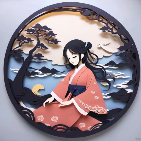 paper-cut,1girl, solo, sitting, long hair, black hair, moon, tree, closed eyes, full moon, long sleeves, hanfu, very long hair, outdoors, chinese clothes, water, closed mouth, wide sleeves, ponytail, nature