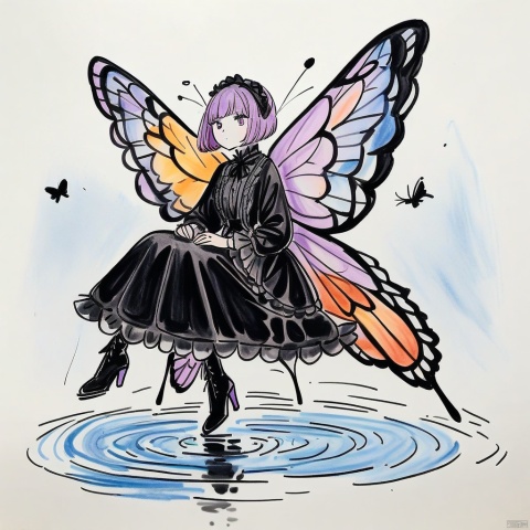 colored_pencil_drawing, masterpiece, best quality, 1girl, solo, dress, wings, butterfly wings, butterfly, short hair, bug, purple eyes, boots, sitting, outdoors, high heels, black dress, water, lolita fashion, knee boots, long sleeves, black footwear, full body, ripples, high heel boots
