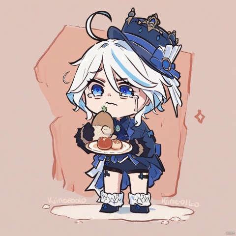  chibi, score_9,score_8_up,score_7_up,score_6_up,score_5_up,score_4_up, solo, klee,crying, tears, blue eyes, hat, sad, crying with eyes open, ahoge, chibi, food, blonde hair, 1girl, holding, plate, white hair, short hair, gloves, multicolored hair, streaked hair, black footwear, shorts, red headwear, top hat, ascot, black gloves, standing, jacket, full body, socks, virtual youtuber