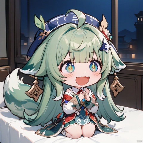 smile, :d, chibi,(masterpiece),(best quality),(best quality), huohuo \(honkai_star_rail\), hat, 1girl, perfect face, bright pupils, (finely detailed beautiful eyes), green eyes, wide_hips, green hair, long hair, bangs, ahoge, hair ornament, (white sweater, long sleeves, sleeves past wrists), pleated skirt, white legwear, fox tail, night, indoors, full body, shoulder level shot, wide shot, (kneeling, on bed), v arms, (delicate fingers, five fingers on hand),