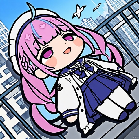  lying-on-back, chibi,full body,(masterpiece),(best quality),1girl, solo, virtual youtuber, multicolored hair, minato aqua, long hair, skirt, braid, looking at viewer, twin braids, bird, bangs, blue hair, outdoors, pantyhose, long sleeves, purple eyes, hat, pink hair, blue skirt, twintails, ahoge, two-tone hair, blush, bow, sailor collar, shirt, hairband, white jacket, pleated skirt, jacket, railing, white pantyhose, breasts, ribbon, white shirt, blue sky, day, streaked hair, open mouth, frills, blue sailor collar, sky, seagull, high-waist skirt, choker, blue bow, red flower, open clothes, standing, colored inner hair, hand up, bowtie, open jacket, collarbone, anchor symbol, cityscape, smile, blue nails