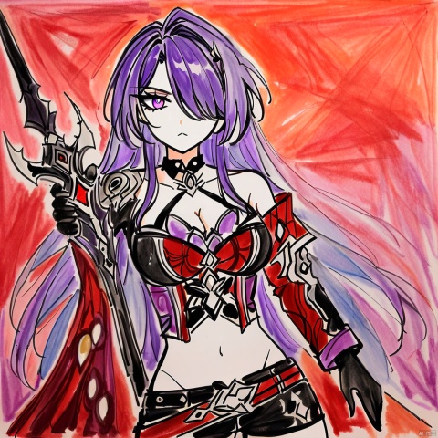  colored-pencil-style, colored_pencil_drawing, masterpiece, best quality, Acheron \(honkai: star rail\),1girl,breasts,purple hair,solo,long hair,shorts,purple eyes,large breasts,navel,short shorts,looking at viewer,black shorts,gloves,choker,black choker,cleavage,midriff,thighs,single bare shoulder,sword,stomach,weapon,crop top,very long hair,black gloves,cowboy shot,coat,hair over one eye,standing,
portrait,upper_body,highres,