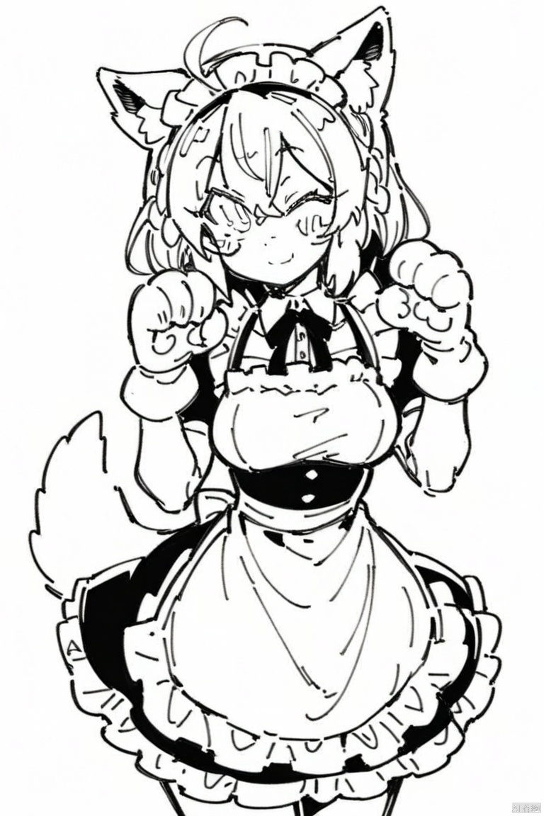 line-drawing-style, masterpiece,best quality, monochrome, greyscale,1girl,solo,bangs,blush,smile,looking at viewer,ahoge,animal ear fluff,animal ears,animal hands,apron,blonde hair,blue eyes,braid,chibi,closed mouth,dog ears,dog tail,dress,enmaided,frilled apron,frilled dress,frills,gloves,hair between eyes,hands up,long hair,maid,maid apron,maid headdress,one eye closed,puffy short sleeves,puffy sleeves,short sleeves,tail,teeth,waist apron,white apron,white gloves,