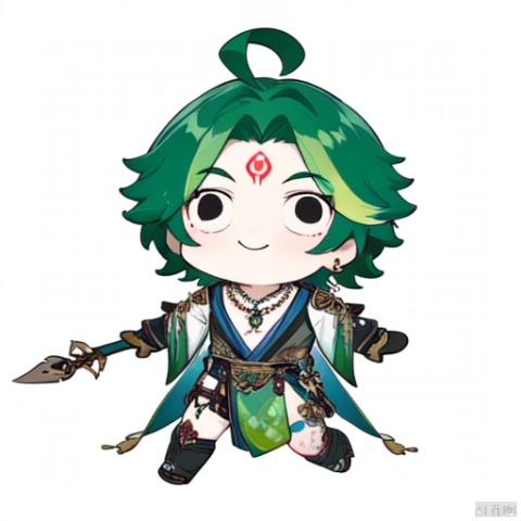  style-parody, solo, 1boy, male focus, xiao \(genshin impact\), smile, necklace, chibi, simple background, polearm, white background, jewelry, holding, gloves, green hair, multicolored hair, bead necklace, beads, weapon, tattoo, ahoge, holding polearm, parody, holding weapon, bangs, green gloves, arm tattoo, forehead mark, black hair, spear, parted bangs, full body, asymmetrical clothes, black eyes, closed mouth, standing, facial mark, single detached sleeve, meme