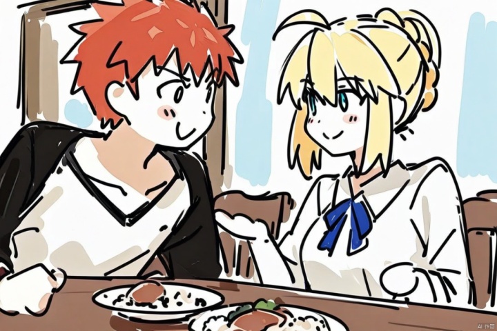  (sketch-style), (masterpiece),(best quality), A boy and a girl, Emiya Shirou and Artoria Pendragon from fate series, having their breakfast in the dining room. Emiya Shirou wears white t-shirt and jacket. Artoria Pendragon wears white dress with blue neck ribbon. Rice, soup, and minced meats are served on the table. They look at each other while smiling happily, masterpiece, best quality