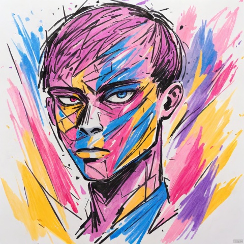  colored_pencil_drawing, masterpiece, best quality, abstract art, male figure, scribble style, vibrant colors, obscured face, sketch lines, multicolored, facial features stylized, artistic expression, modern art, drawing over photograph, dynamic strokes, neon pink, bright yellow, electric blue, red, purple scribbles, white background, mixed media, contemporary, headshot, conceptual art, portrait orientation, invisible body
