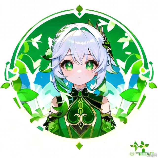  (logo,circle frame),(beautiful detailed eyes), green_eyes,+_+,white_and_green_hair,
white_background,nahida (genshin impact),