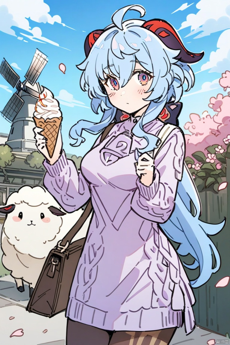 line-drawing-style, masterpiece,best quality,1girl, ganyu \(genshin impact\), solo, outdoors, long hair, goat horns, ice cream, horns, flower, purple eyes, blue hair, sweater, petals, looking at viewer, pantyhose, food, bag, turtleneck, ahoge, bangs, blush, windmill, purple flower, sheep, turtleneck sweater, holding, fence, breasts, cloud, day, long sleeves, sky, handbag, shoulder bag, building, falling petals, cowboy shot, closed mouth, floating hair, dress, animal, black pantyhose, purple sweater, hair between eyes, pink flower, medium breasts, standing, sidelocks, cable knit, blue sky, tree, holding food
