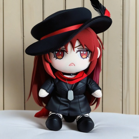  1girl, solo,red hair, black hat, hat feather, red scarf, black jacket, dog_tags,plush-doll-style,
