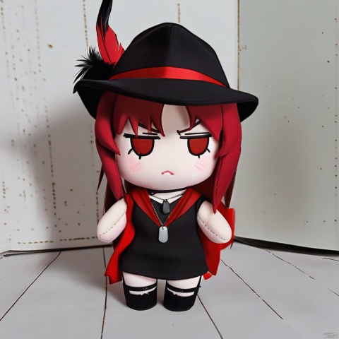  1girl, solo,red hair, black hat, hat feather, red scarf, black jacket, dog_tags,plush-doll-style,