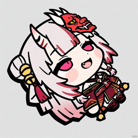  lying-on-back, chibi, full body, (masterpiece),(best quality),1girl,solo,bell,hair bell,virtual youtuber,nakiri ayame,long hair,horns,red eyes,hair ornament,double bun,hair bun,smile,mask,white hair,oni horns,oni mask,upper body,multicolored hair,blush,white background,open mouth,jingle bell,japanese clothes,mask on head,red hair,bare shoulders,kimono,simple background,streaked hair,holding,off shoulder,bangs,:d,tassel,oni,breasts,fang