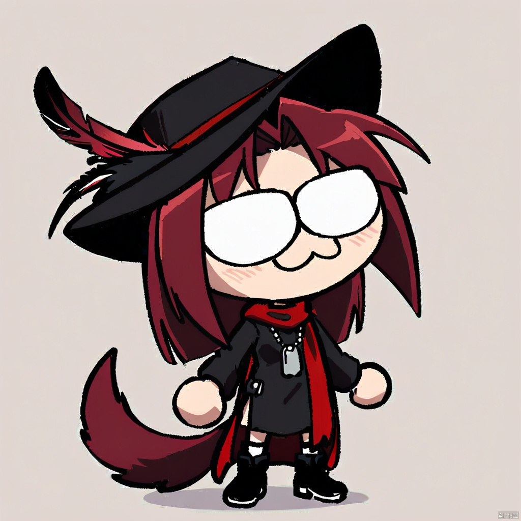  1girl, solo,red hair, black hat, hat feather, red scarf, black jacket, dog_tags,neco-arc, chibi, :3, tail,
