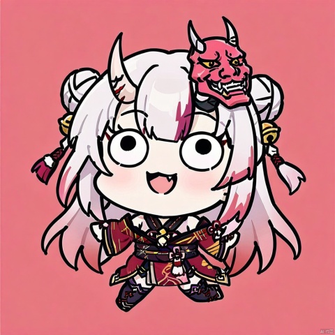 style-parody,chibi,full_body,(masterpiece),(best quality),1girl,solo,bell,hair bell,virtual youtuber,nakiri ayame,long hair,horns,red eyes,hair ornament,double bun,hair bun,smile,mask,white hair,oni horns,oni mask,upper body,multicolored hair,blush,white background,open mouth,jingle bell,japanese clothes,mask on head,red hair,bare shoulders,kimono,simple background,streaked hair,holding,off shoulder,bangs,:d,tassel,oni,breasts,fang
