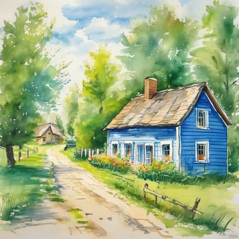 children-drawing, charming country house, blue siding, situated, side, road, surrounded, lush green grass, trees, background, creating, idyllic countryside setting, small fence, seen near, rustic charm, main house, two smaller houses visible, further down, road, one closer, left edge, scene, another towards, right, homes contribute, overall picturesque landscape, rural area