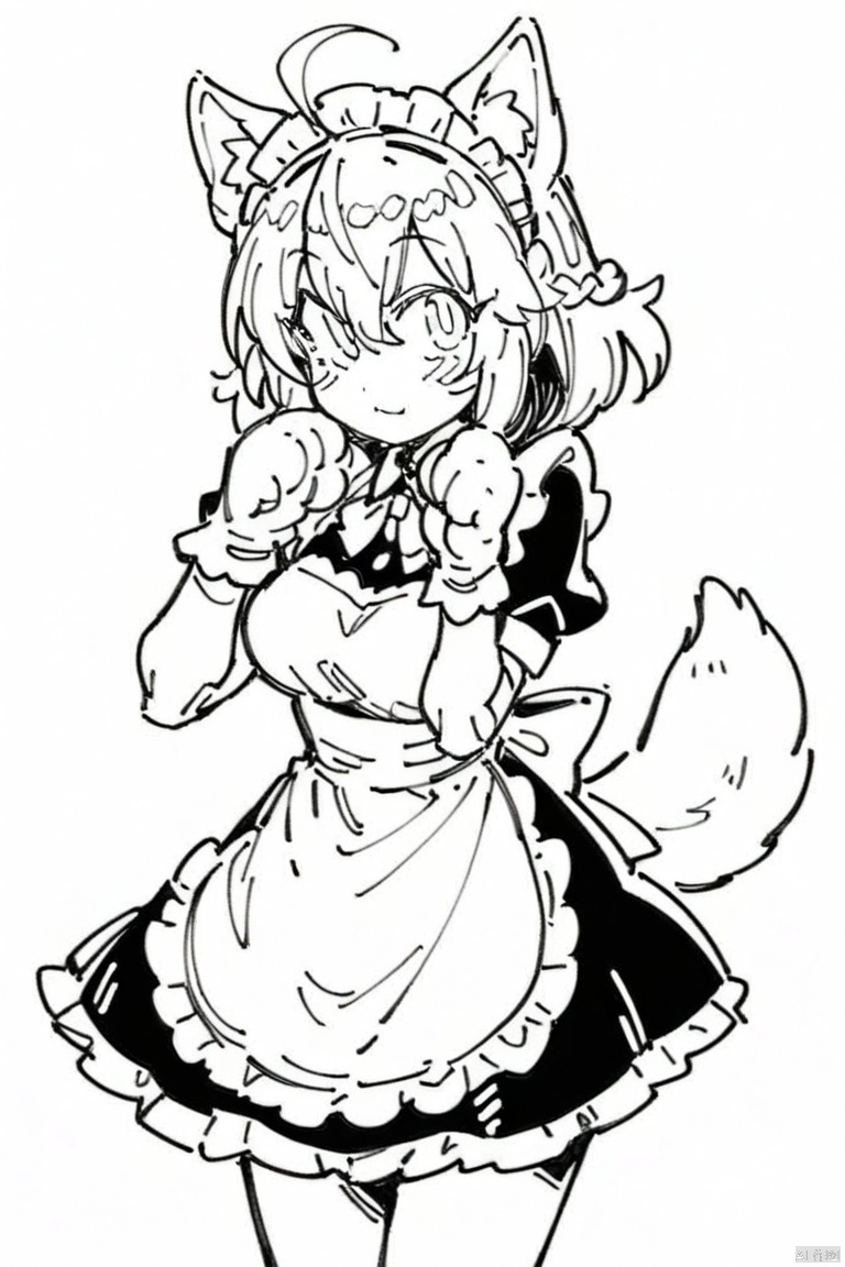 line-drawing-style, masterpiece,best quality, monochrome, greyscale,1girl,solo,bangs,blush,smile,looking at viewer,ahoge,animal ear fluff,animal ears,animal hands,apron,blonde hair,blue eyes,braid,chibi,closed mouth,dog ears,dog tail,dress,enmaided,frilled apron,frilled dress,frills,gloves,hair between eyes,hands up,long hair,maid,maid apron,maid headdress,one eye closed,puffy short sleeves,puffy sleeves,short sleeves,tail,teeth,waist apron,white apron,white gloves,