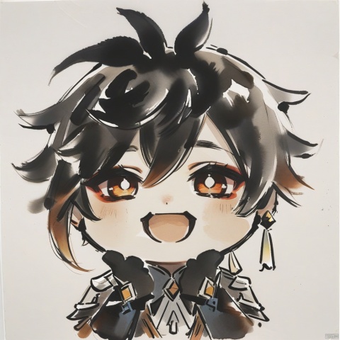  (ink-style,ink_wash_painting), (masterpiece),(best quality), chibi,(hold cheek with hands),core_9,1girl, solo, short hair, looking at viewer, smile, open mouth, eyes, hair, :d, chibi, meme, zhongli (genshin impact),white background,simple background,