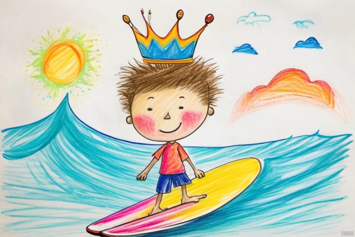  children-drawing,charming,colorful drawing,whimsical drawing,hand-drawn picture,vibrant drawing,cartoon,
(surfing),1boy,(wearing a crown:1.2), bird, cloud, sky, sunglasses, palm, coconut, holding the coconut, smile, close eyes, colorful crown, beak, sea wave, (surfboard:1.2),