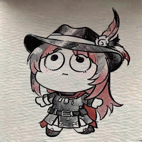  1girl, solo,red hair, black hat, hat feather, red scarf, black jacket, dog_tags,
,style_parody,chibi,full_body, style-parody, traditional_media,monochrome,greyscale,