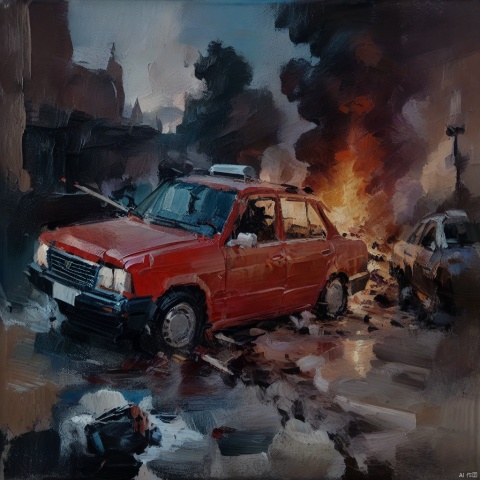 oil_painting, oil-painting-style,a car crashed accident, sad, violence, blood, smoke, fire