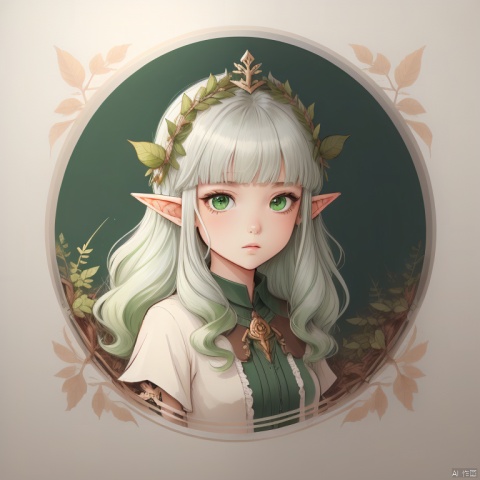 green background, round image, flat color, traditional media, sketch, branch, fallen leaves 1girl, elf, silver hair, green gradient hair, long hair, green eyes, blunt bangs, chibi, expressionless, brown capelet, frilled shirt, upper body, a bird on head, logo