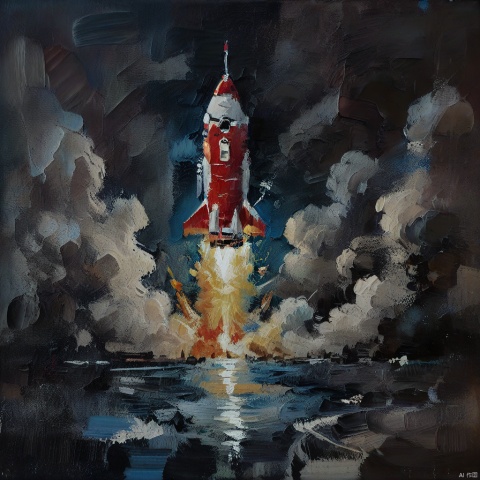  oil_painting, oil-painting-style, a rocket ship blasting off from the moon with the earth in the black sky of empty space