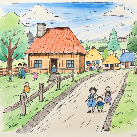  colored_pencil_drawing, masterpiece, best quality, children-drawing, charming country house, blue siding, situated, side, road, surrounded, lush green grass, trees, background, creating, idyllic countryside setting, small fence, seen near, rustic charm, main house, two smaller houses visible, further down, road, one closer, left edge, scene, another towards, right, homes contribute, overall picturesque landscape, rural area