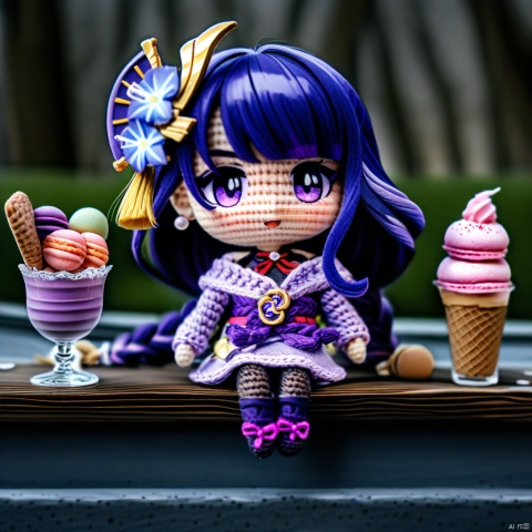  amigurumi-style, amigurumi,(masterpiece,best quality),macaron, 1girl, food, wagashi, solo, raiden shogun, purple skirt, dango, sweater, purple eyes, braided ponytail, mole under eye, purple hair, skirt, pantyhose, ice cream, turtleneck, hair ornament, sitting, sanshoku dango, tomoe \(symbol\), breasts, jewelry, long hair, parfait, braid, looking at viewer, mitsudomoe \(shape\), sweets, holding, necklace, bangs, mole, ice cream cone, purple nails, earrings, purple jacket, long sleeves, open clothes, bag, turtleneck sweater, open jacket, off shoulder, black pantyhose, nail polish, jacket, outdoors, hair flower, day, cake, flower, large breasts, very long hair, alternate costume, ribbed sweater, table, dessert, chair, purple flower, sleeves past wrists, parted lips, open mouth, holding food, purple sweater, knees together feet apart, tree