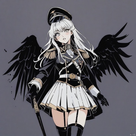  (pen_art_style,pen_drawing_style), (masterpiece),(best quality), 1girl, hat, thighhighs, holding, solo, gloves, black gloves, wings, looking at viewer, skirt, epaulettes, military, military uniform, garter straps, black wings, uniform, long sleeves, black thighhighs, weapon, long hair, belt, military hat, blurry background, parted lips, grey eyes, holding weapon, black headwear, cowboy shot, breasts, blurry, white hair, pleated skirt, black jacket