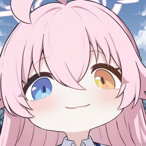 big-head, chibi,portrait,:3,(masterpiece),(best quality),1girl, solo, long hair, looking at viewer, blush, smile, bangs, blue eyes, shirt, hair between eyes, closed mouth, yellow eyes, white shirt, pink hair, ahoge, necktie, sky, collared shirt, cloud, plaid, heterochromia, halo, portrait, hoshino \(blue archive\)