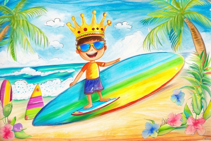 children-drawing,colorful drawing,
(surfing),1boy,(wearing a crown:1.2), bird, cloud, sky, sunglasses, palm, coconut, holding the coconut, smile, close eyes, colorful crown, beak, sea wave, (surfboard:1.2), 